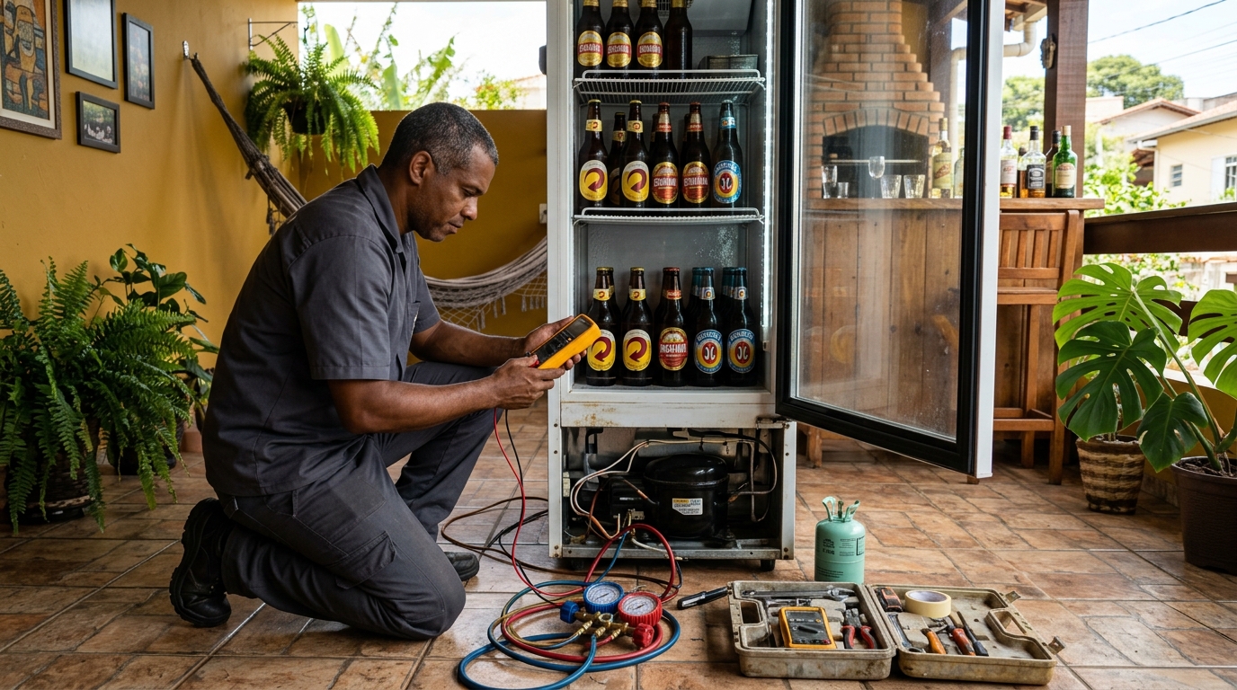 Placa eletrônica de cervejeira em reparo na bancada em Aracaju‑SE