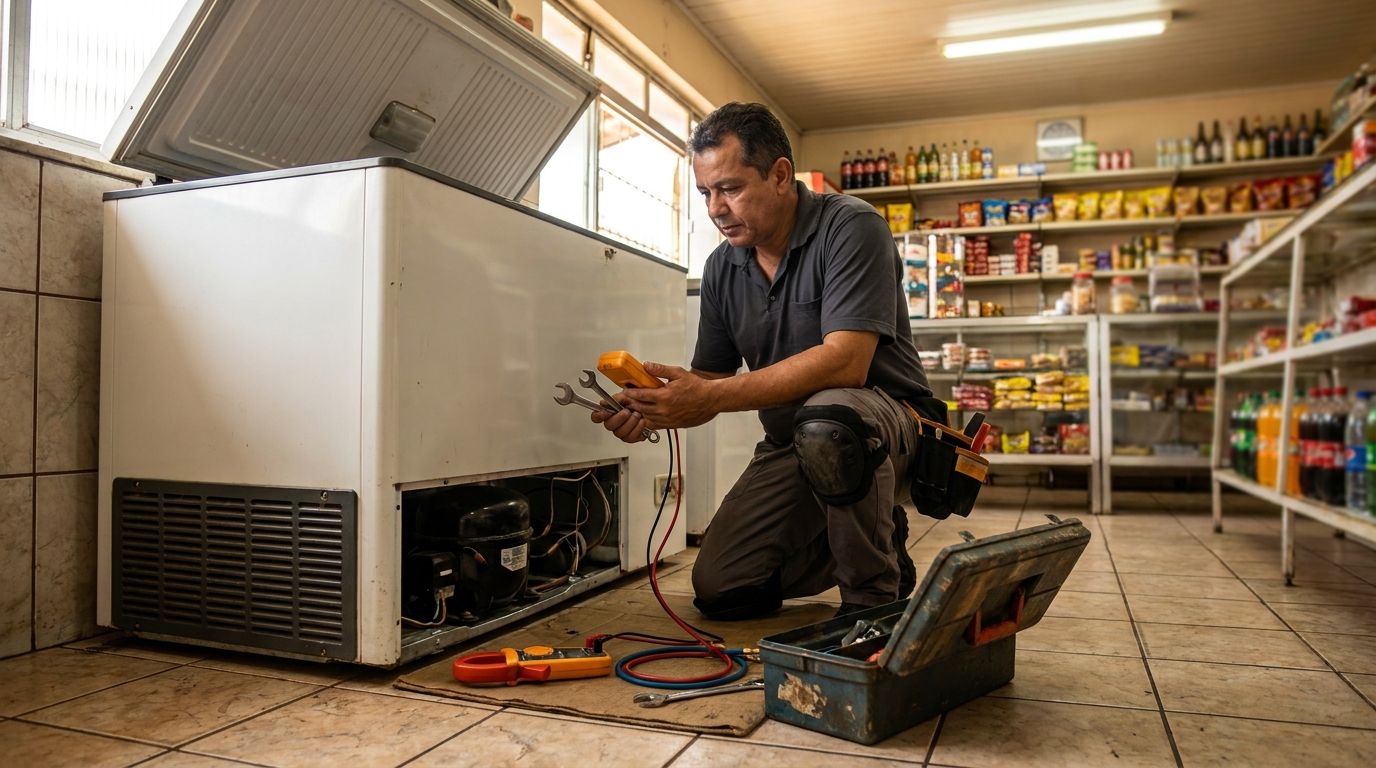 Técnico reparando o motor de um freezer horizontal em Aracaju‑SE