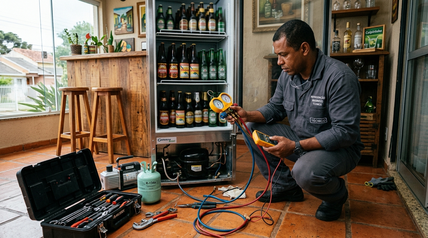 Técnico conferindo a temperatura de uma cervejeira durante atendimento em Aracaju‑SE