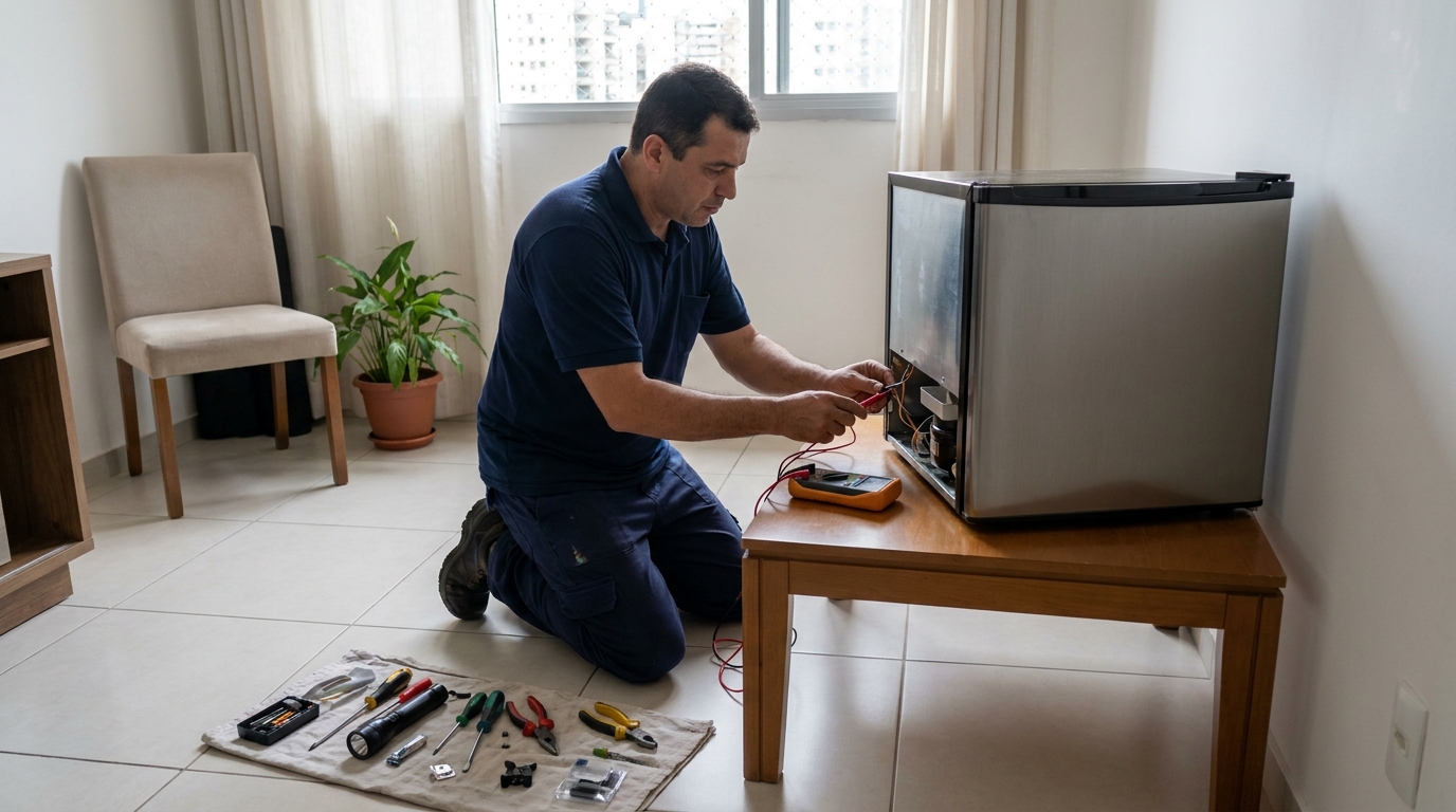 Técnico avaliando um frigobar compacto durante atendimento em Aracaju‑SE